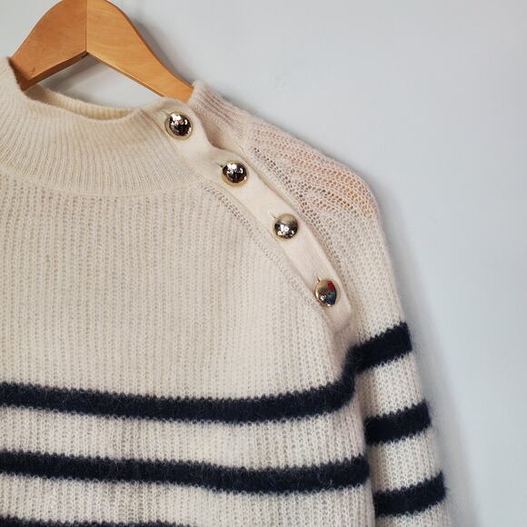 Sezane Trudy Jumper Wool Sweater Natural Navy White Striped Gold Button Small - Picture 6 of 10